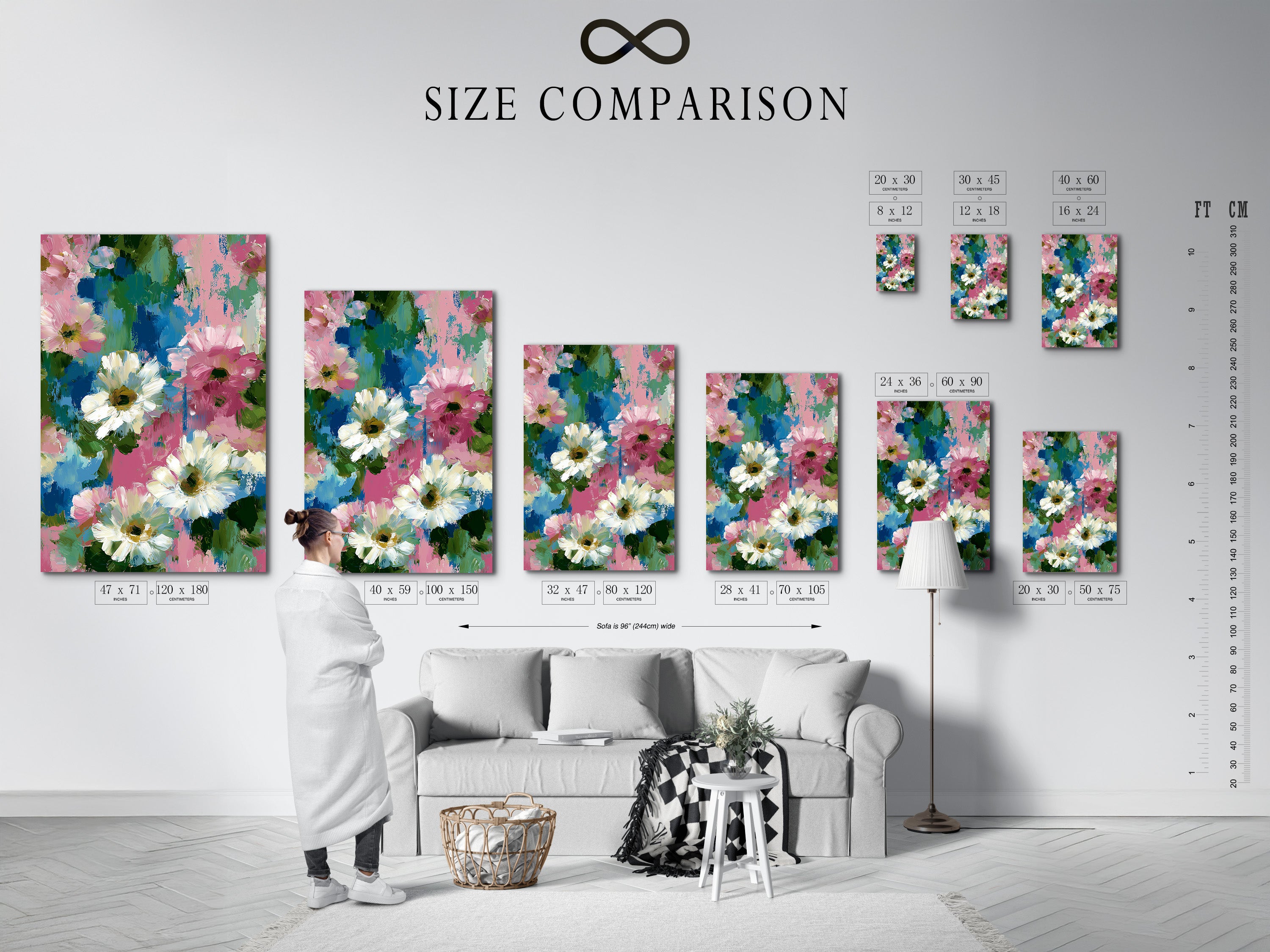 A size comparison chart displayed in an interior setting. See how the floral canvas print would look in various dimensions. The pink and blue flower wall art will enhance your space. Impressionist botanical artwork is perfect for any room. Ideal for helping you visualize your art. This daisy art print adds a spring touch. Abstract flowers bring garden charm indoors.