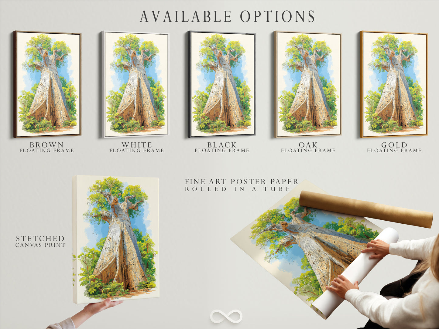 Explore available options for the Baobab Tree artwork. Options include a stretched canvas print a fine art poster paper and a floating frame. Choose the perfect medium to showcase this African landscape botanical artwork in your space.