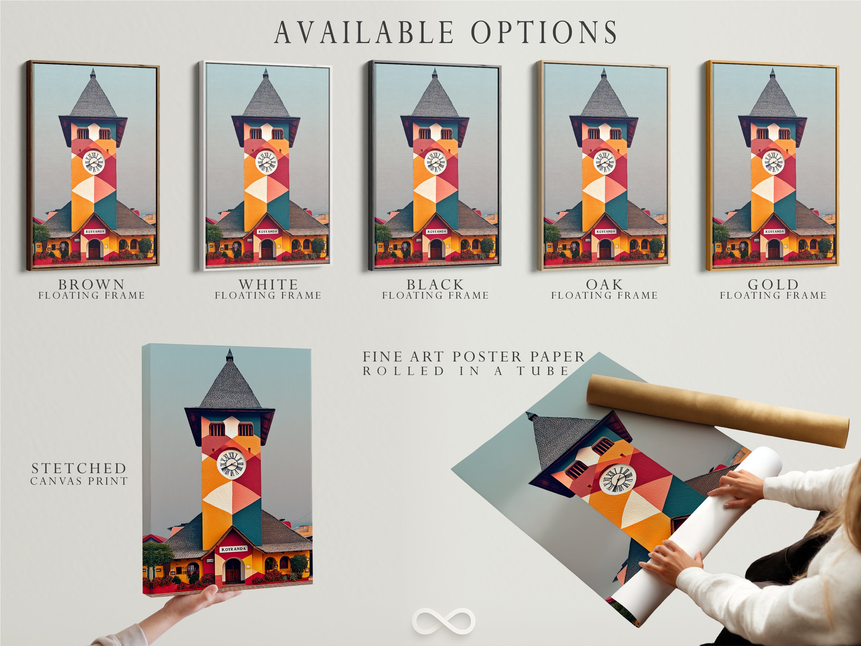 Explore the available options for this clock tower artwork. Choose from a stretched canvas print fine art poster paper or a floating frame. Each option enhances the geometric building art. Perfect for adding colorful architecture to any office or home decor.