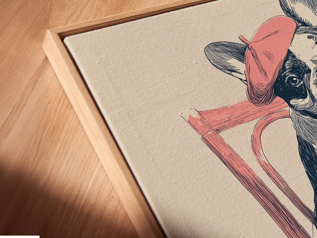 Close up angled view of a canvas print in a floating frame. The floating frame enhances the artwork. Showcases the fine details of the French Bulldog. Ideal for adding depth to your contemporary wall decor. Perfect for creating a focal point.
