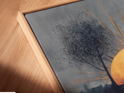 A close-up angled view reveals the canvas print in a floating frame. The sunrise reflection art and abstract cityscape are beautifully displayed. This modern wall art option offers a unique and stylish presentation. Ideal for art collectors.