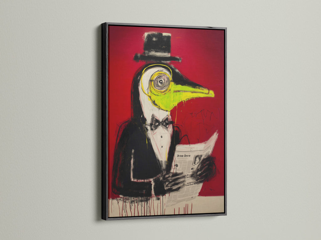 Surreal Bird Artwork Print with a black frame. This piece features quirky animal art on a contemporary canvas. The red abstract makes a bold statement. Enhance your office wall decor.