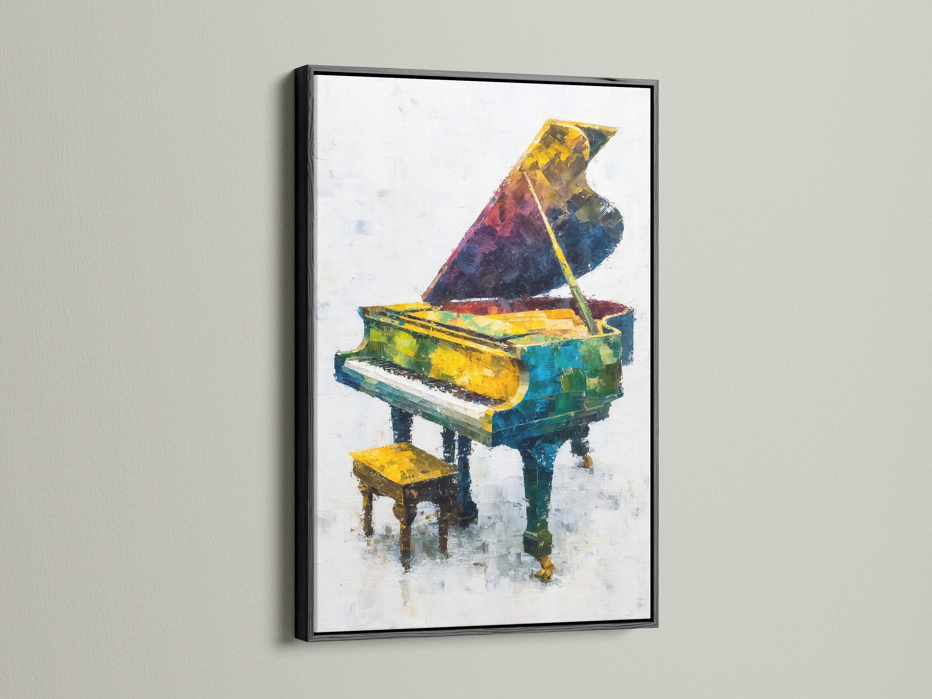 This colorful piano artwork is presented in a sleek black frame. The abstract music canvas wall art makes a bold statement. Ideal for music room wall decor or as a unique musician gift. Elevate your space with this grand piano print.