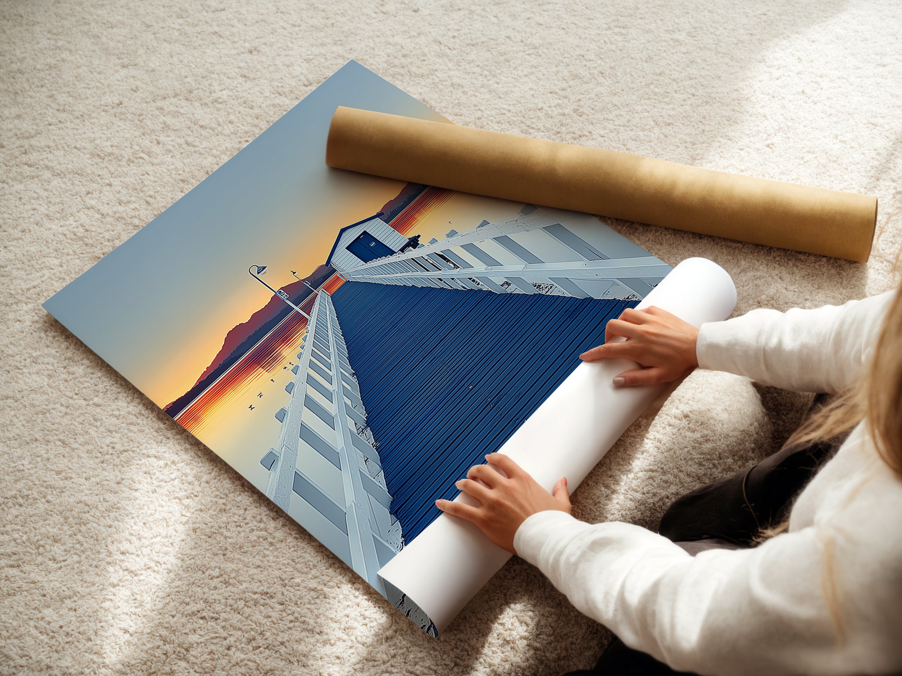 A woman is carefully rolling fine art poster paper. This poster paper is for dock sunset artwork. It ensures a smooth surface for coastal scenery photography prints. Get ready to display stunning seascape art.