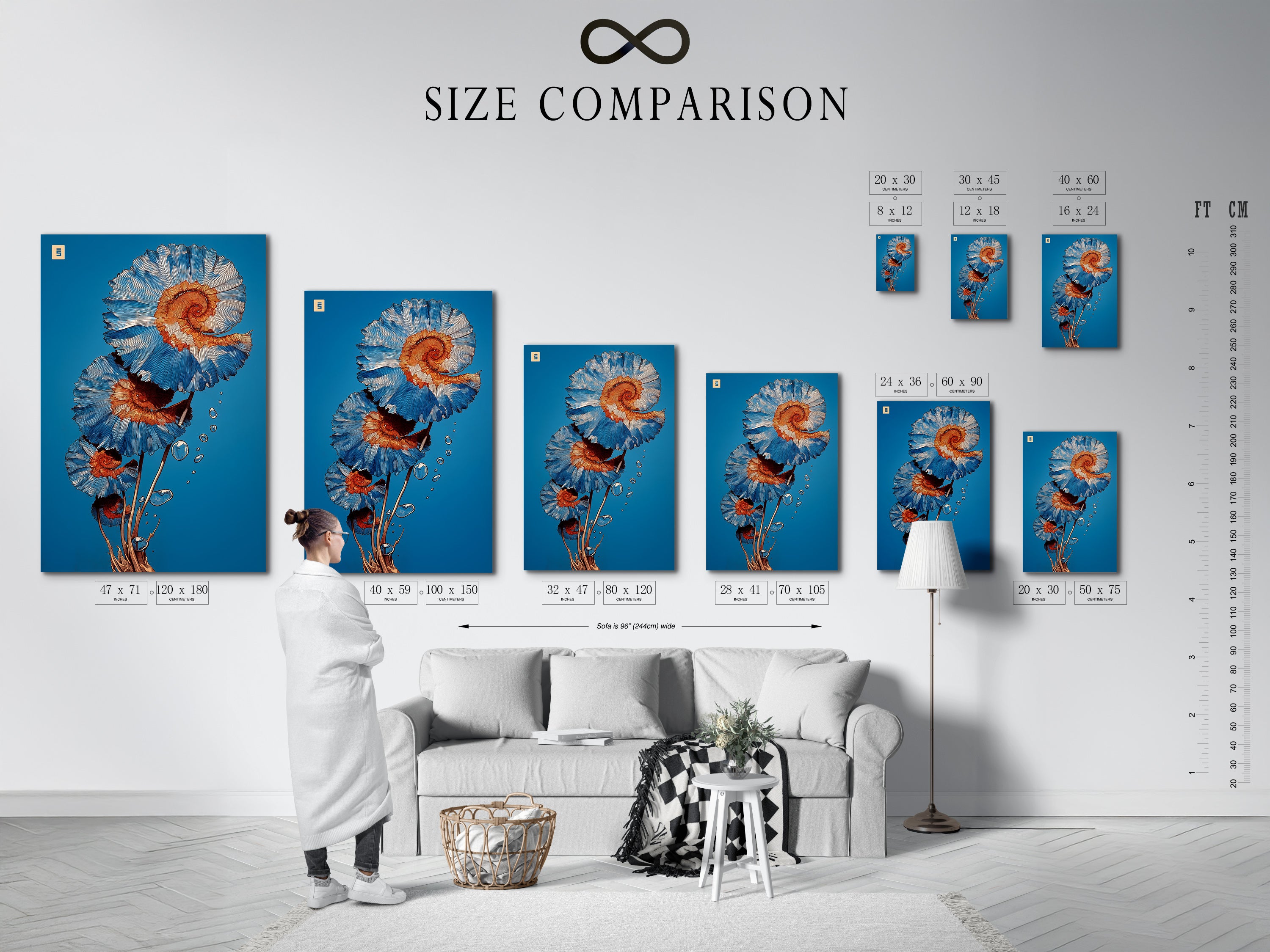 A size comparison chart is displayed in an interior setting. The spiral flower artwork is shown in various sizes. The teal and coral botanical print complements the modern floral art. Perfect for office wall decor. Choose the right size for your space.