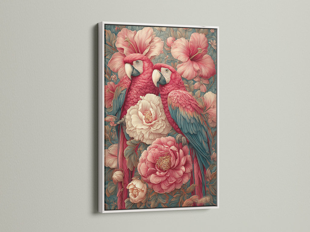Tropical parrot artwork is displayed in a white frame. The artwork adds a touch of elegance to any room. A vintage botanical print for a unique aesthetic. The artwork features a coral pink decor and macaw canvas art.