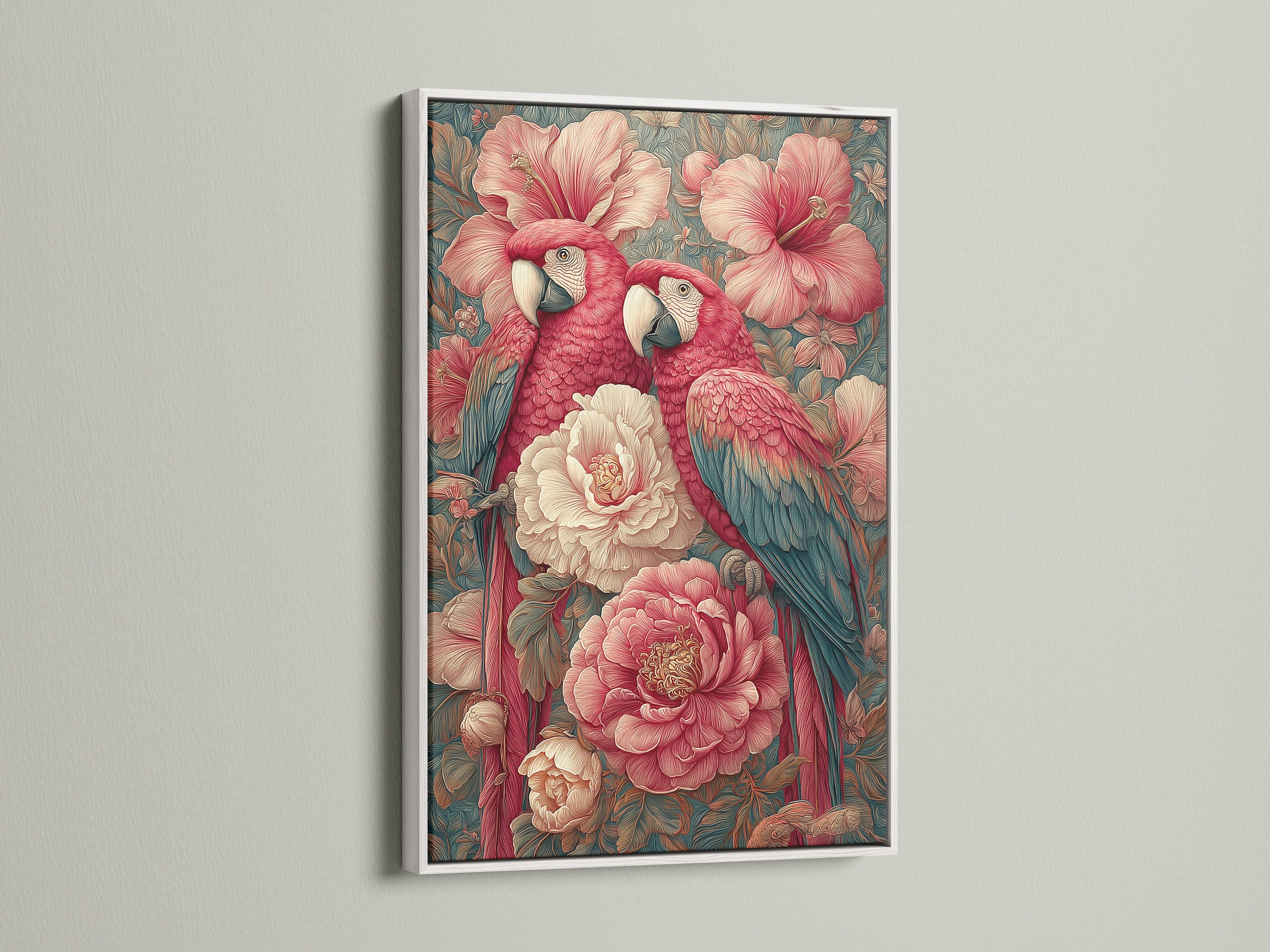 Tropical parrot artwork is displayed in a white frame. The artwork adds a touch of elegance to any room. A vintage botanical print for a unique aesthetic. The artwork features a coral pink decor and macaw canvas art.