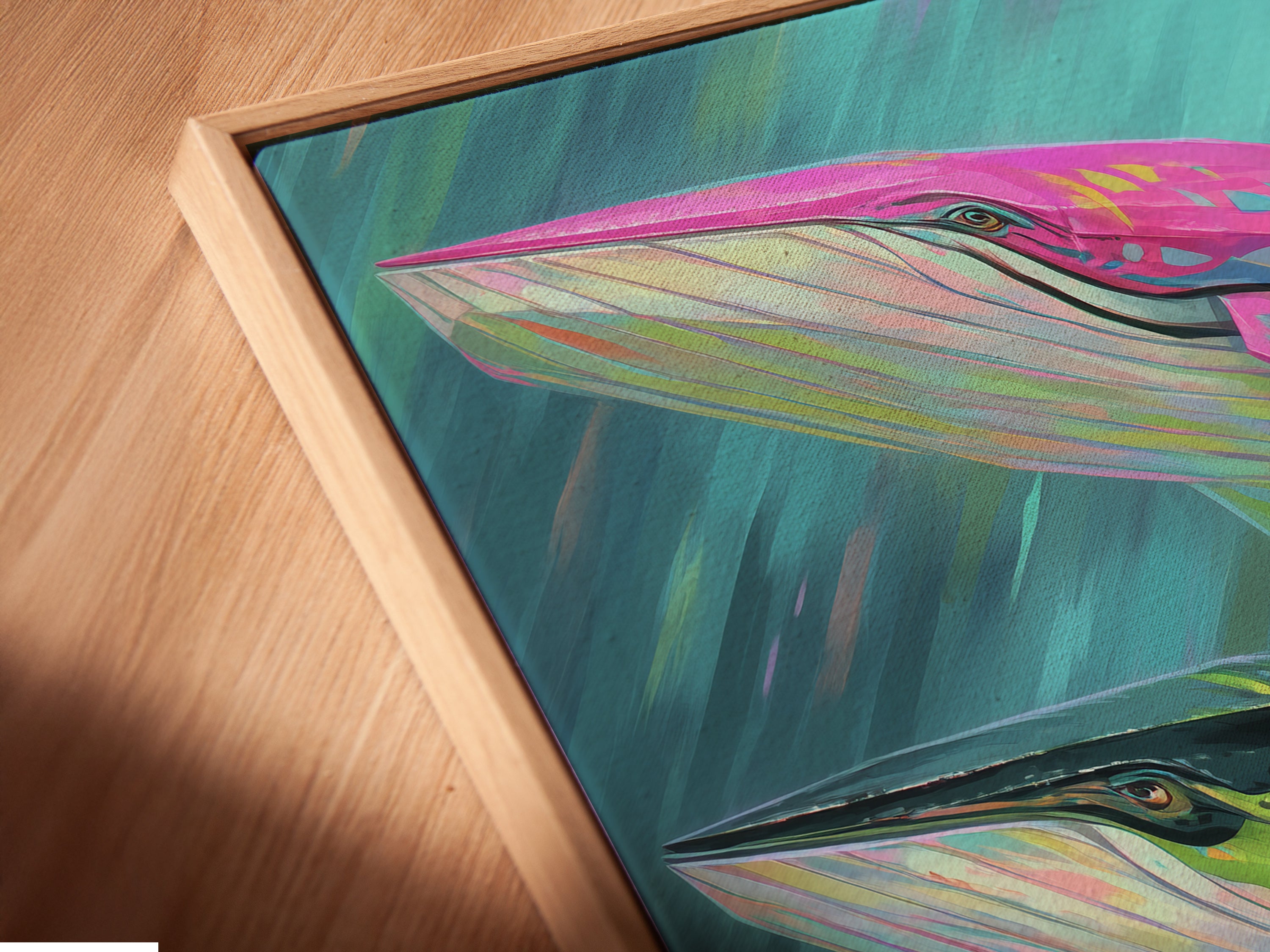 A close-up of a canvas print in a floating frame is displayed. The whale artwork stands out beautifully. This adds a modern touch to coastal decor. Perfect for minimalist spaces.