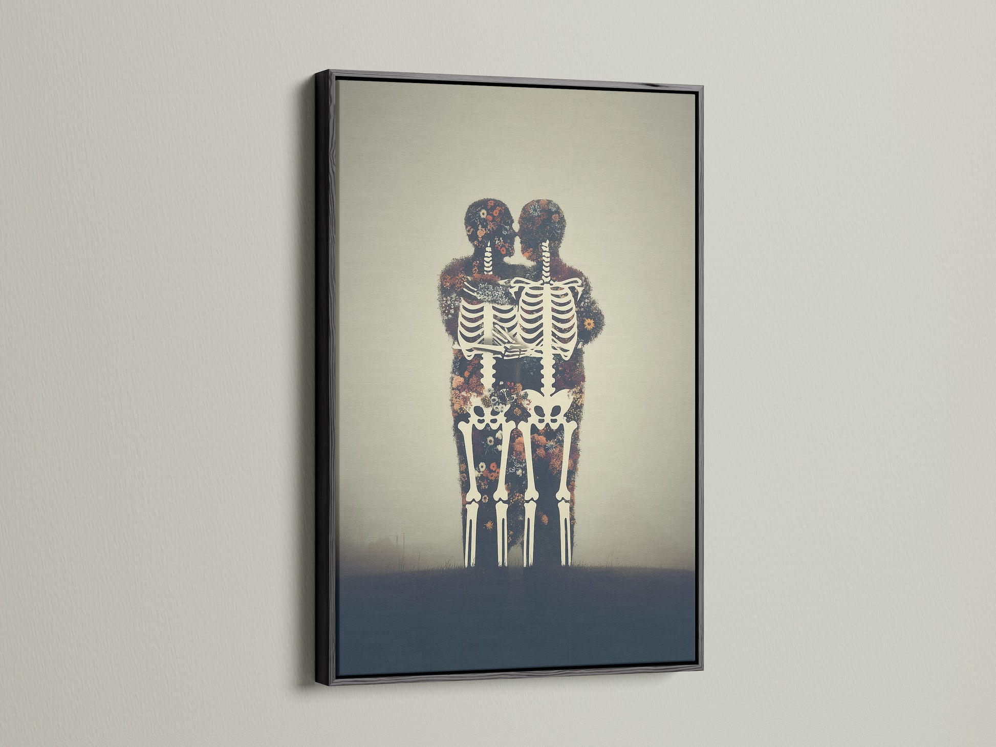 A black frame surrounds the Floral Skeleton canvas print. This bone canvas is ideal for adding a gothic element. It is a perfect piece of anatomy artwork. Use this dark academia decor today.