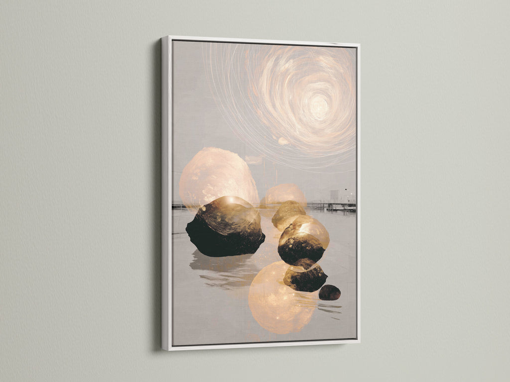 Abstract Zen artwork in a white frame. This calming artwork is ideal for bedroom decor. The neutral wall art suits eclectic styles. The zen canvas print promotes serenity. Discover this peaceful art for mindful spaces. It's a refined art for modern homes.