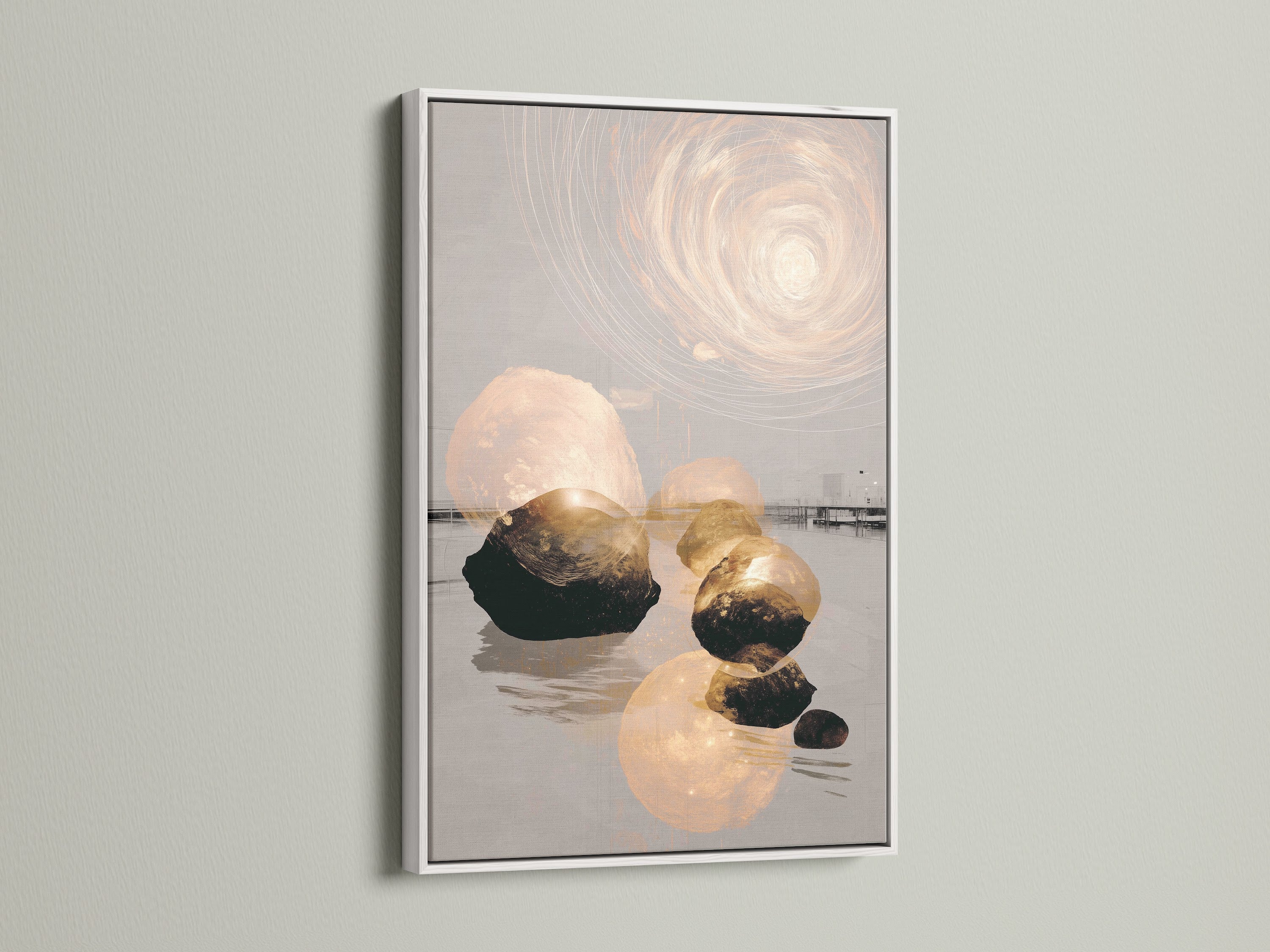 Abstract Zen artwork in a white frame. This calming artwork is ideal for bedroom decor. The neutral wall art suits eclectic styles. The zen canvas print promotes serenity. Discover this peaceful art for mindful spaces. It's a refined art for modern homes.