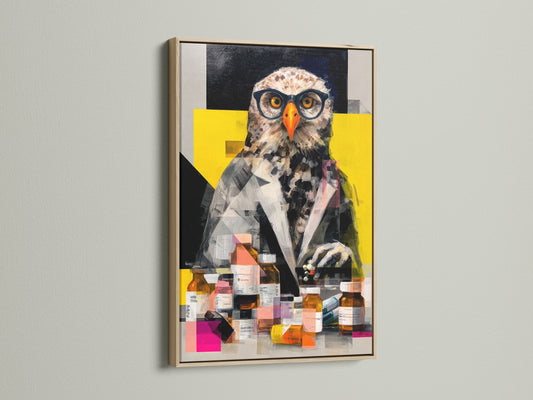 The owl scientist art print is displayed in an oak frame. This frame enhances the artwork's contemporary style. Ideal for adding a touch of intellectual charm to any room. The oak frame provides a natural and sophisticated look. Perfect for office study or library spaces.