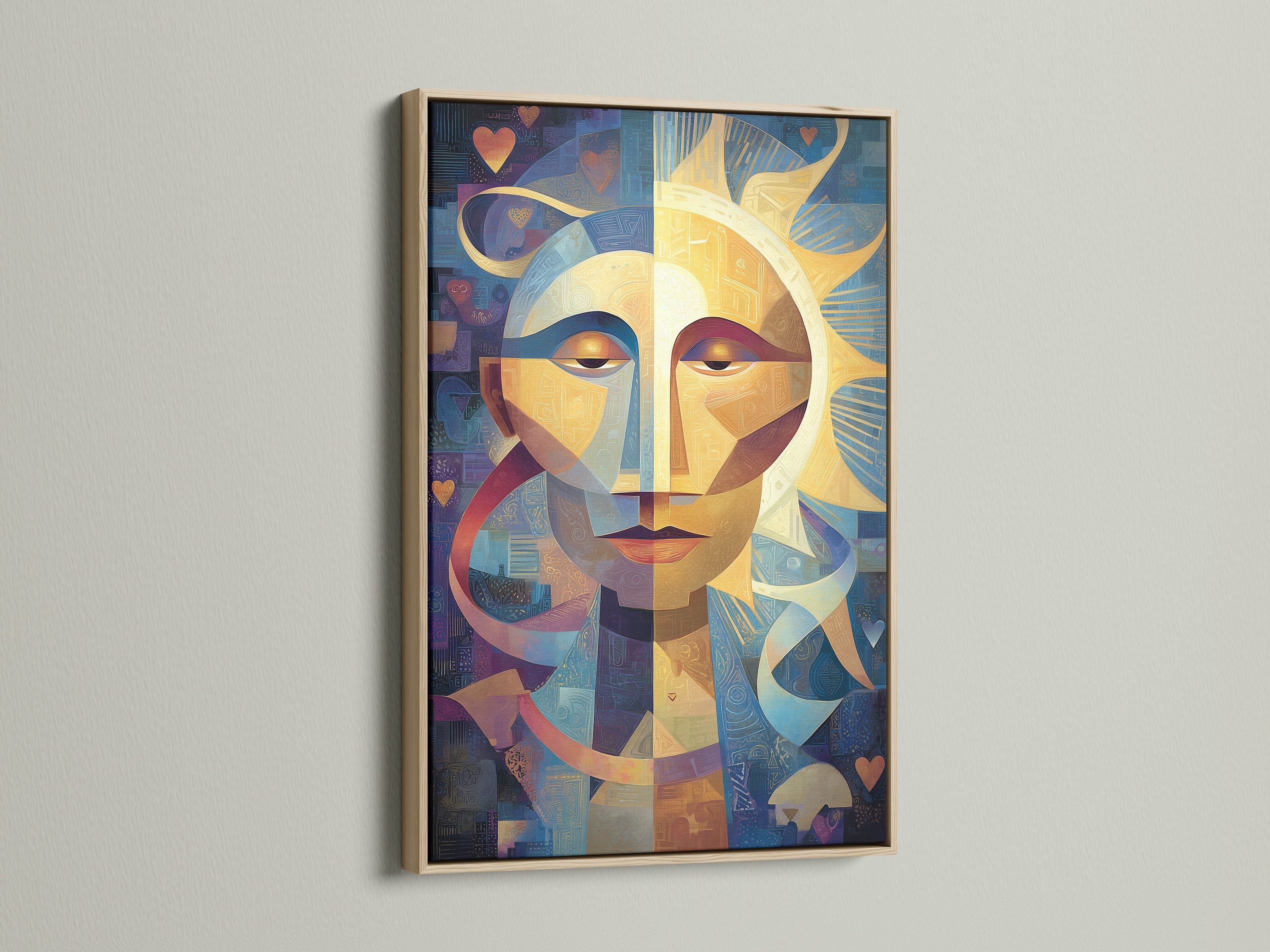 A close-up of an oak frame showcasing an abstract sun face art print. The oak frame adds warmth and natural beauty. Ideal for adding a touch of sophistication. Perfect for any room seeking an elegant and organic feel.