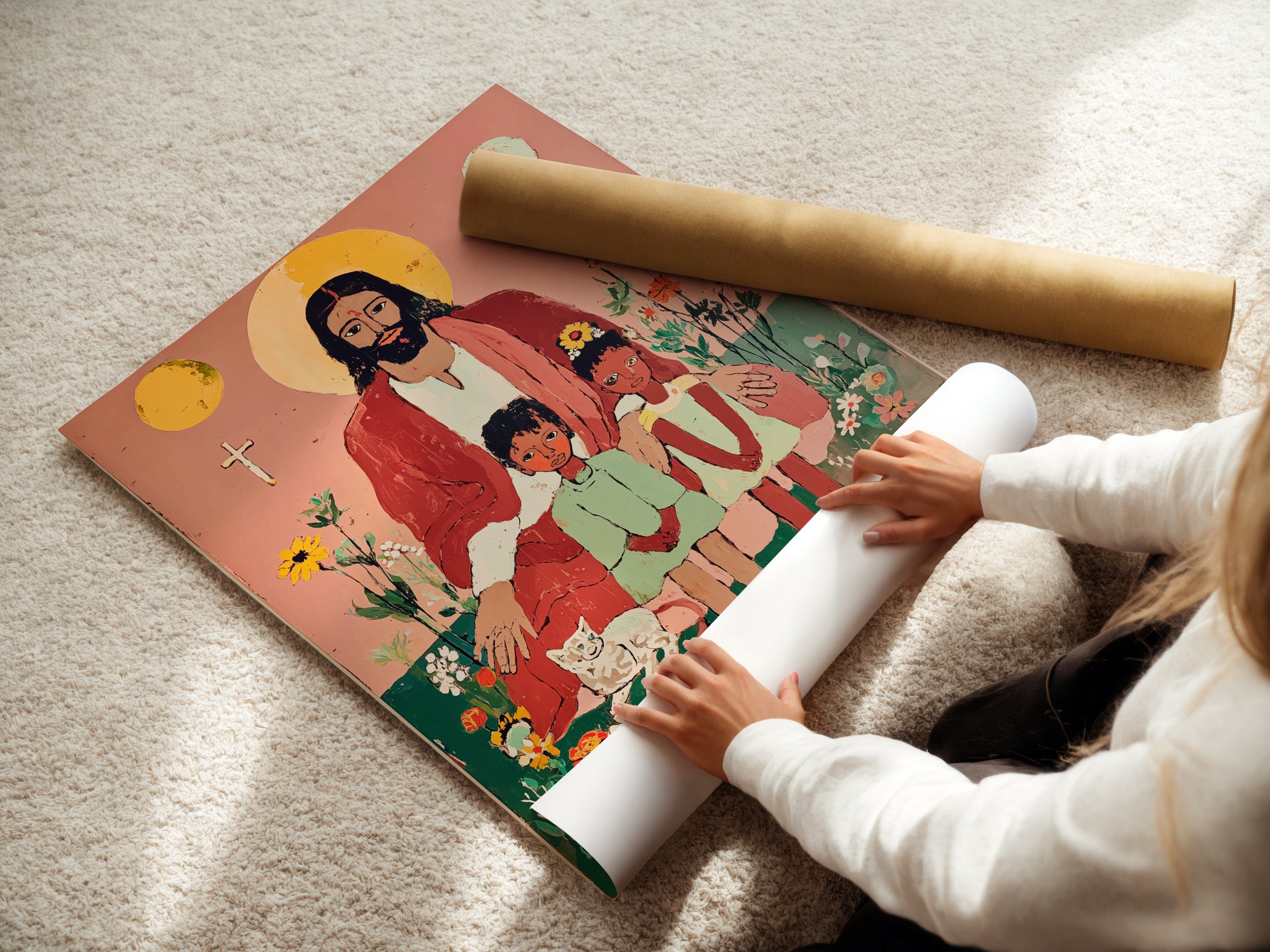 A woman is carefully rolling a fine art poster paper print. The print showcases folk art religious art of Jesus Christ with two children. Ideal for Christian decor in nurseries and kids' rooms. Get your biblical art print today.