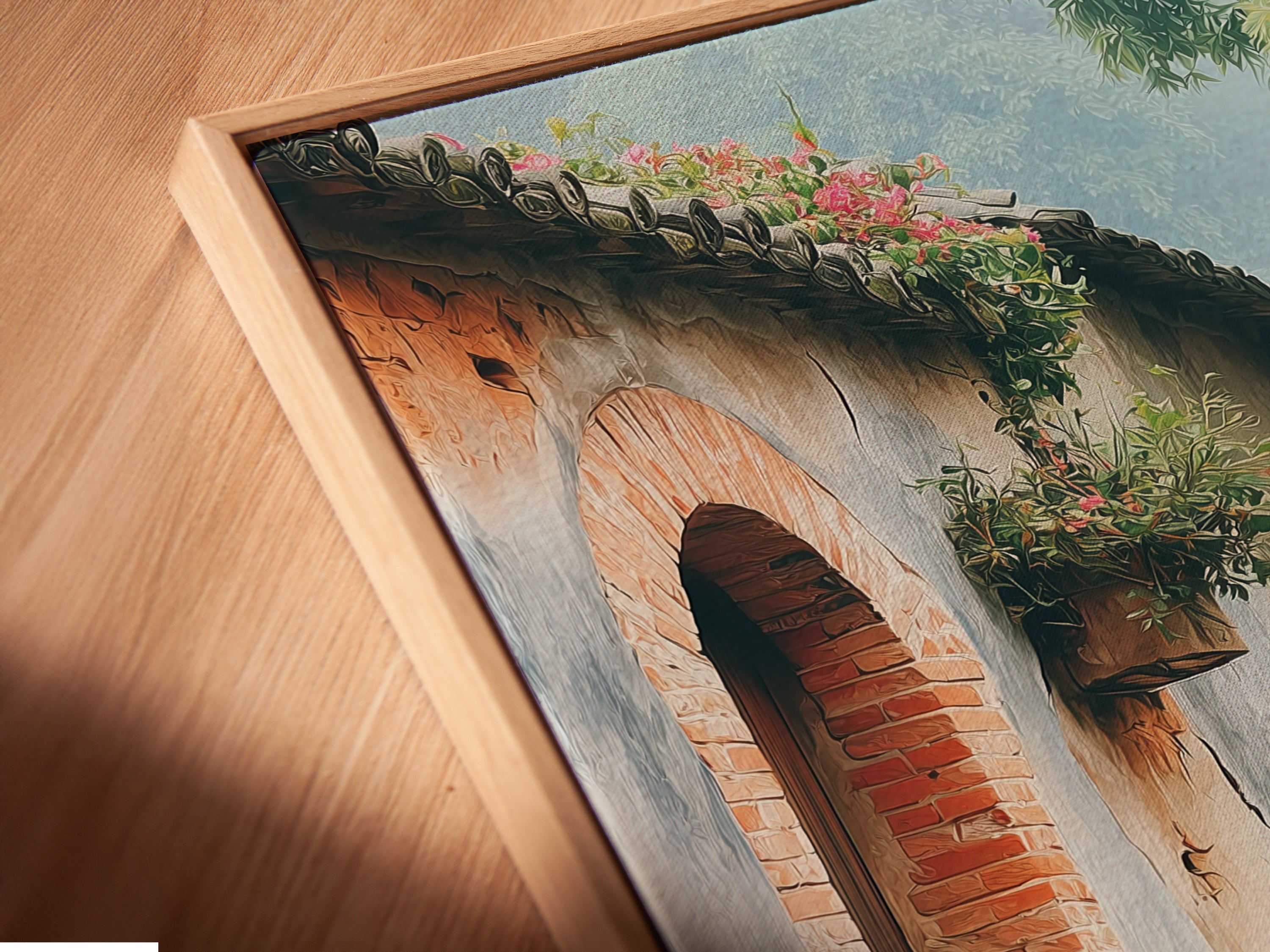 A close-up of a canvas print in a floating frame. The vintage bicycle artwork adds rustic charm. The European street scene is beautifully detailed. The floating frame enhances the artwork's visual appeal. This is a great rustic art print for your home.