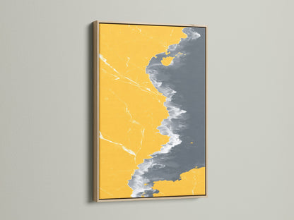 Abstract Coastline Canvas Print in an Oak Frame. The modern artwork combines mustard yellow and gray tones. It creates a stylish seascape art piece for any room. Enhance your space with this unique coastal artwork.