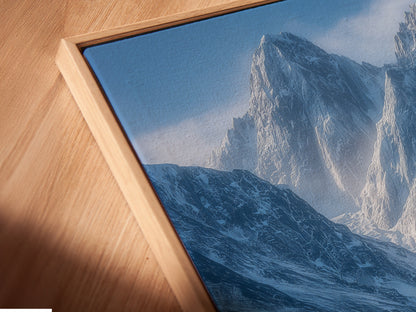 A close-up of a Mountain Glacier canvas artwork in a floating frame. The angled view highlights the depth and texture of the art. The floating frame creates a modern gallery look. It's ready to hang and admire.
