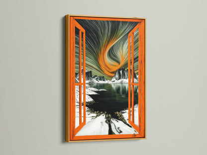 A luxurious gold frame enhances this aurora borealis artwork. The arctic landscape is viewed through an open window. The print captures the magic of the northern lights. They illuminate a serene winter scene. This scenic canvas art adds a touch of glamour to your home decor. The gold frame complements the artwork's rich colors. It creates a stunning focal point.