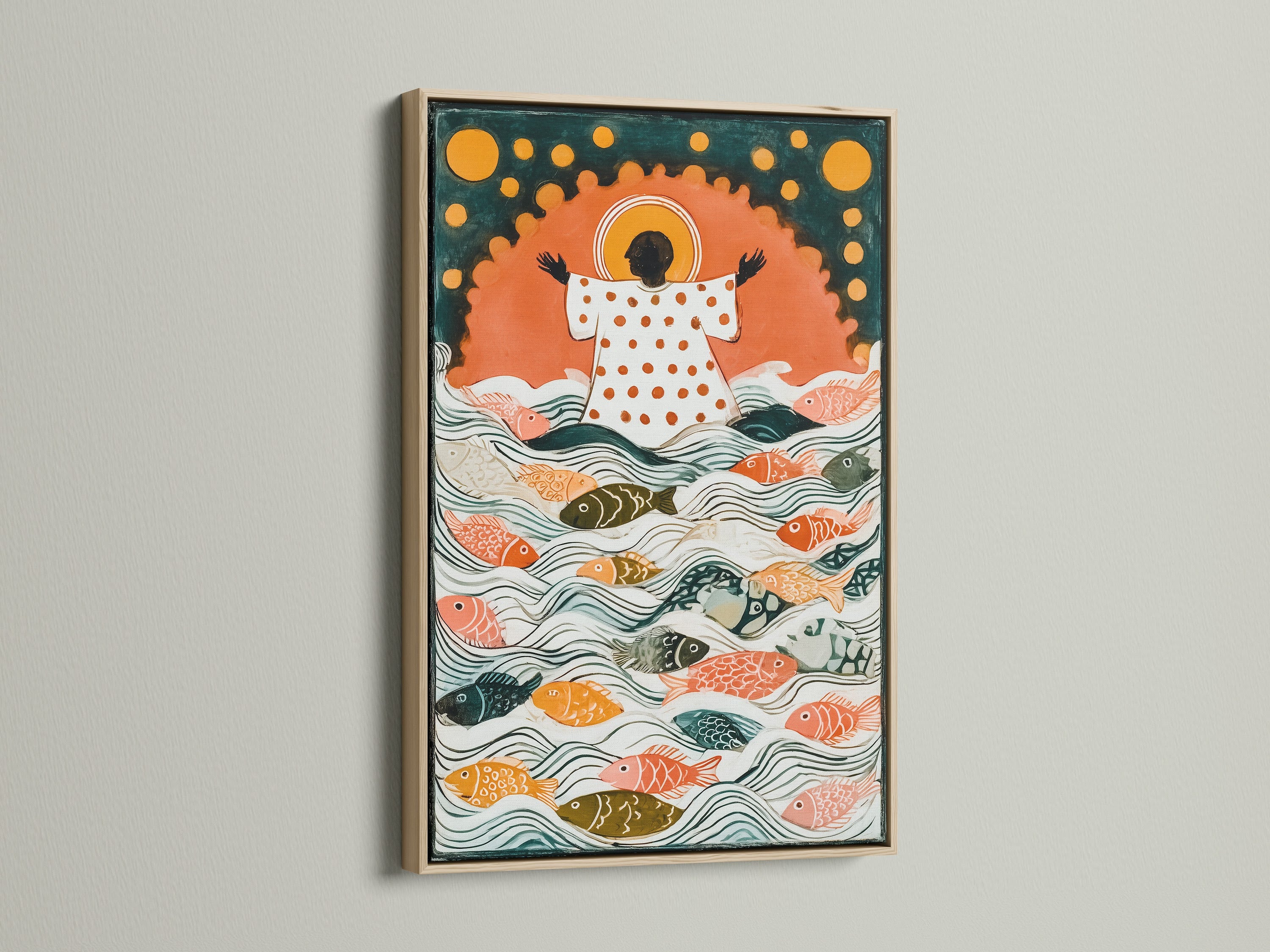 This artwork is displayed in an oak frame. The oak frame offers a natural and warm aesthetic. It complements a variety of art styles. Consider an oak frame for a timeless look. Enhance your interior with framed art.