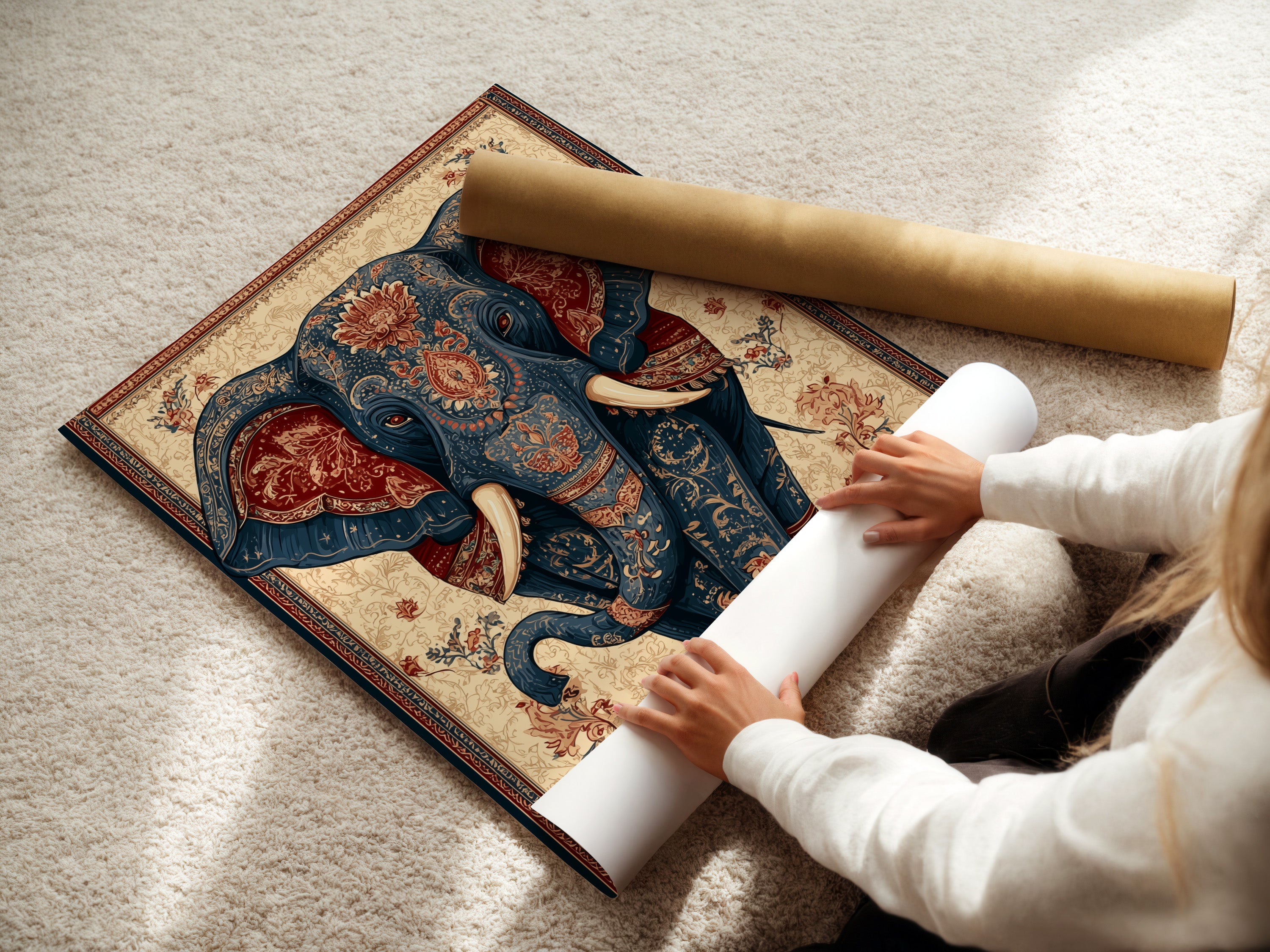 A woman carefully rolls a fine art poster paper. The high-quality poster paper ensures vibrant prints. She protects the artwork during handling. The rolled poster is ready for framing or display. Fine art paper enhances the artwork. Experience the quality of our fine art prints.
