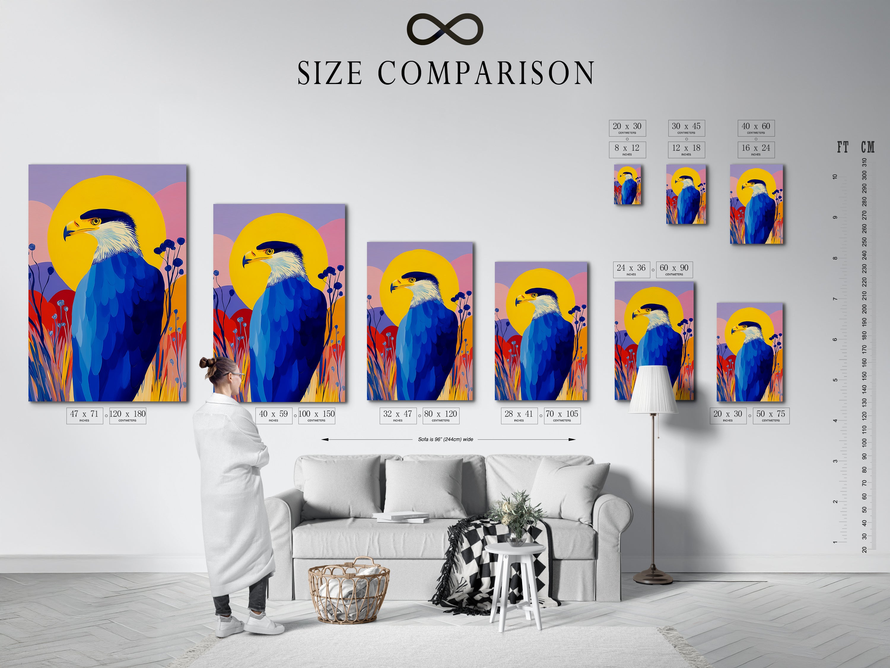 A size comparison chart is shown in an interior setting. This chart helps you visualize the perfect dimensions for your eagle art. Choose the ideal size to complement your home decor. Find the perfect fit for your space.
