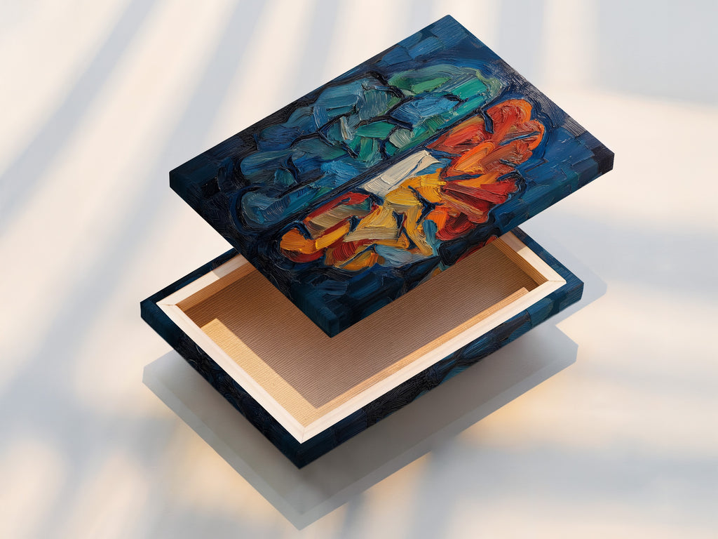 Stretched canvas print of abstract brain art is displayed. The vibrant colors and textures enhance the artwork's appeal. Ready to hang in any modern space. Perfect psychology wall art for homes or offices. Elevate your decor with this eye-catching piece.