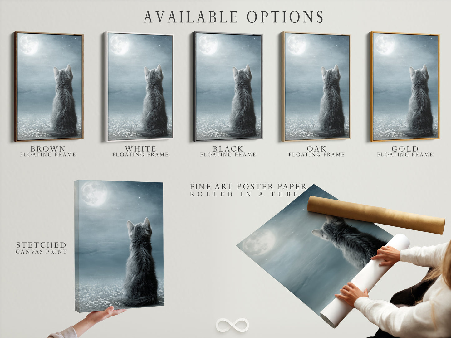 Explore the available options for the Cat Moon artwork. Choose from a stretched canvas print fine art poster paper or floating frame. Create the perfect dreamy decor for your space. This celestial kitten is perfect for any room. This cat art is a thoughtful gift for pet lovers.