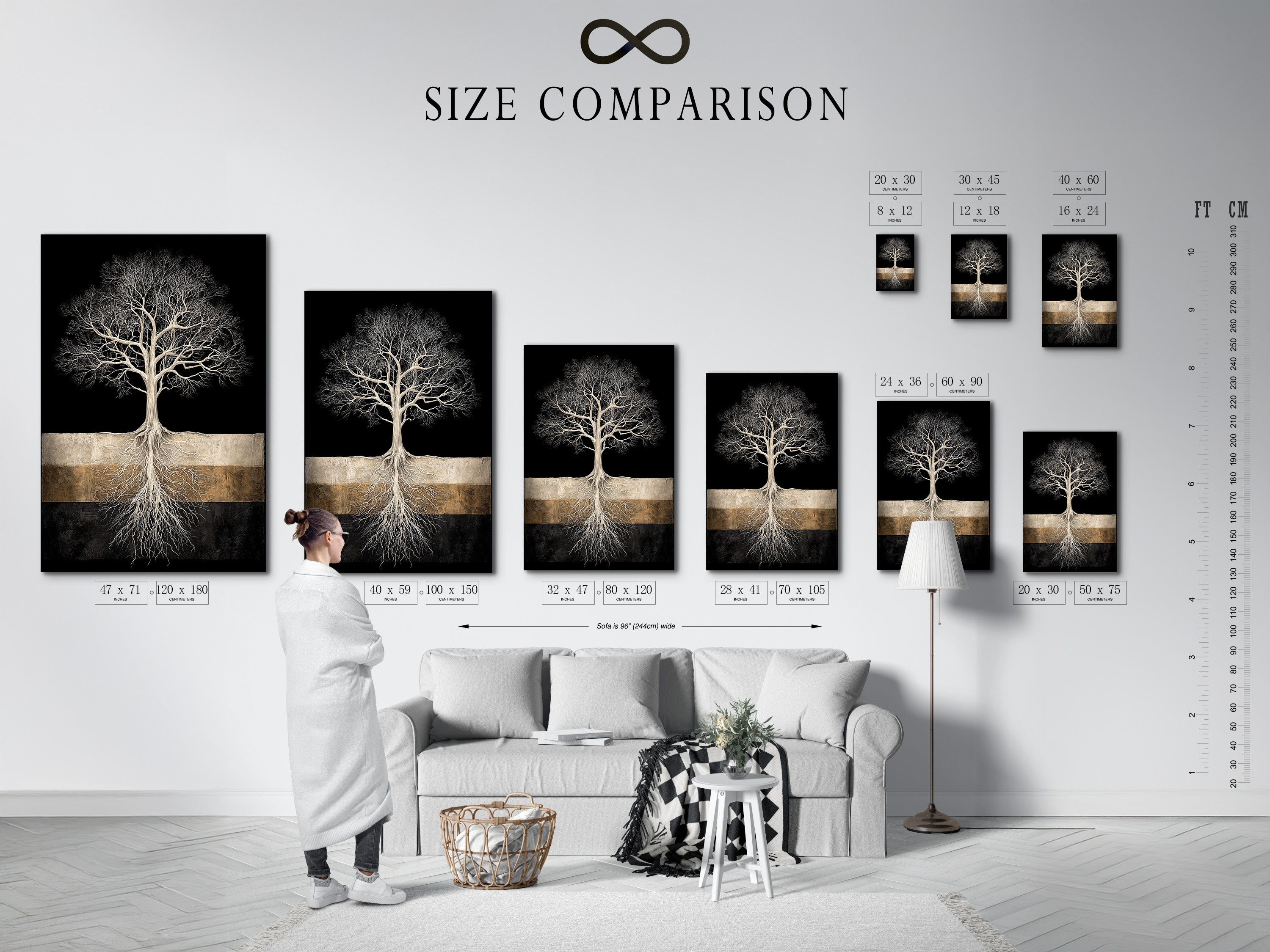 A size comparison chart of the Tree of Life art in an interior setting. This helps visualize the artwork's scale. See how it fits in various room sizes. Choose the perfect size for your living room or bedroom. A modern art piece.