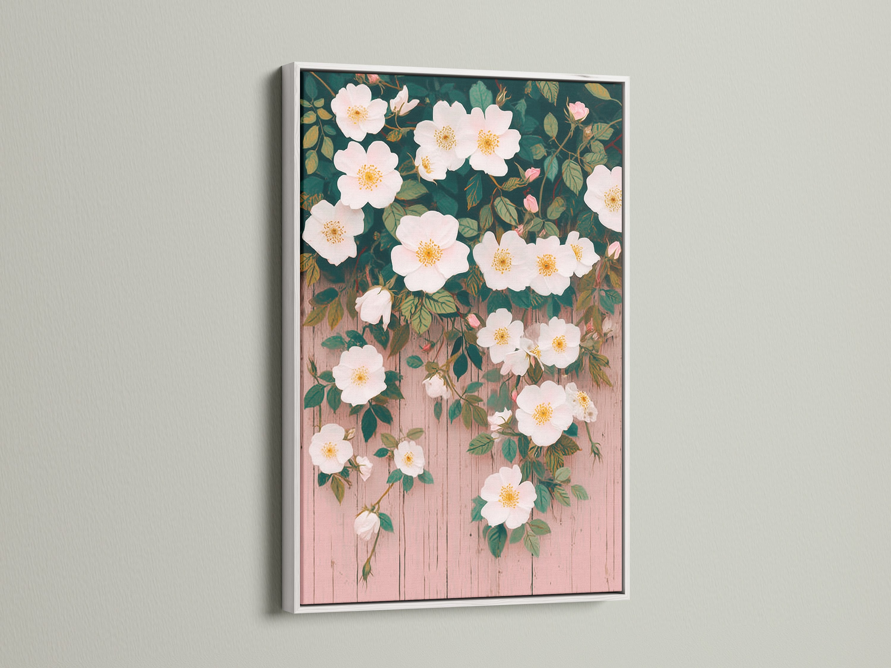 The white-framed artwork features delicate white flowers. The botanical print enhances the cottagecore aesthetic. A beautiful piece of flower wall decor. Ideal for adding a shabby chic touch to your living room. This botanical artwork is a must-have.