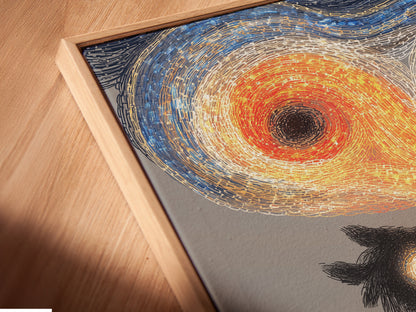 This is a close-up of a canvas print in a floating frame. The artwork features surreal sheep and a red farmhouse. It is a great piece for farmhouse decor. It adds a quirky touch to any room. This storybook art brings a dreamlike quality. It's ideal for unique wall art lovers.