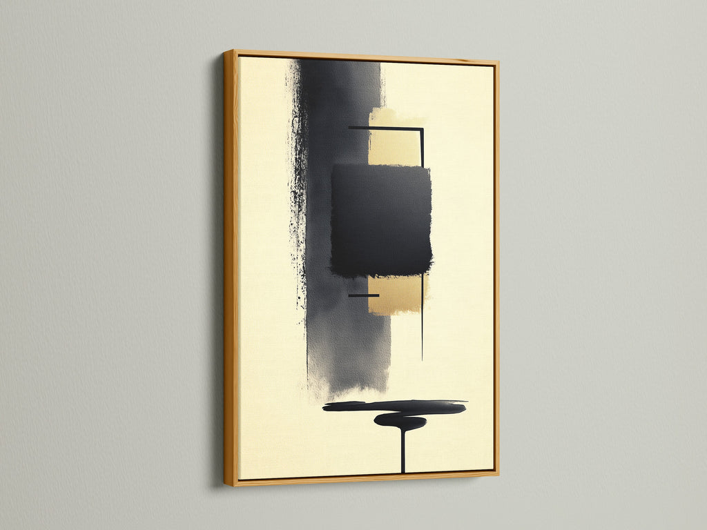Abstract Shapes Modern Home Art in a gold frame. This geometric art print features beige and black colors. Enhance your living room wall art or bedroom wall decor. This minimalist artwork is perfect for modern interiors. Make a statement with this contemporary art. It is ideal for lobbies and co-working spaces.