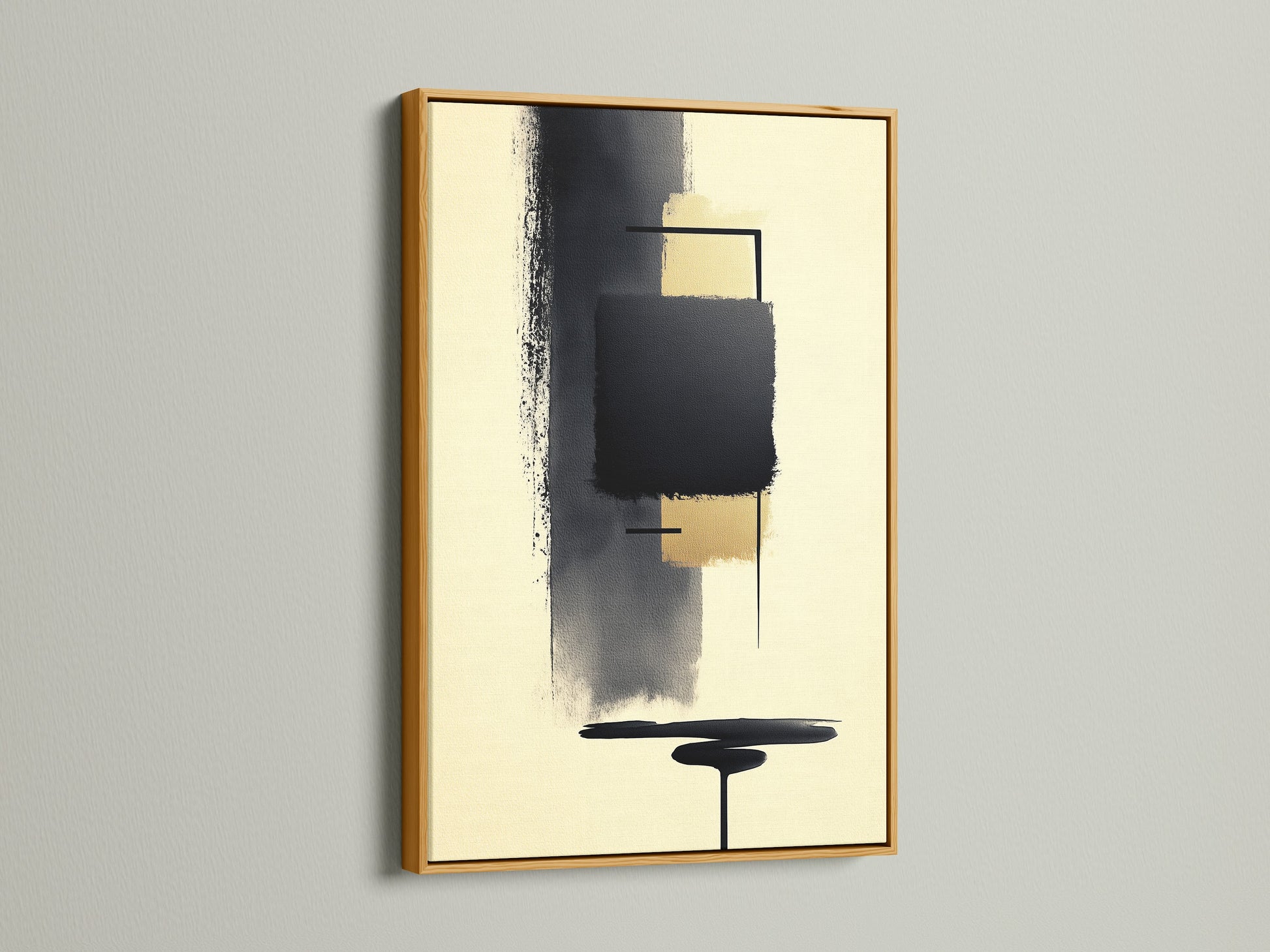Abstract Shapes Modern Home Art in a gold frame. This geometric art print features beige and black colors. Enhance your living room wall art or bedroom wall decor. This minimalist artwork is perfect for modern interiors. Make a statement with this contemporary art. It is ideal for lobbies and co-working spaces.