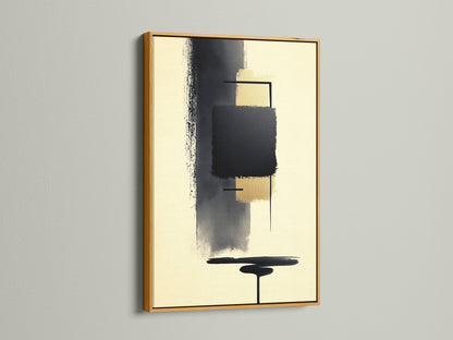 Abstract Shapes Modern Home Art in a gold frame. This geometric art print features beige and black colors. Enhance your living room wall art or bedroom wall decor. This minimalist artwork is perfect for modern interiors. Make a statement with this contemporary art. It is ideal for lobbies and co-working spaces.
