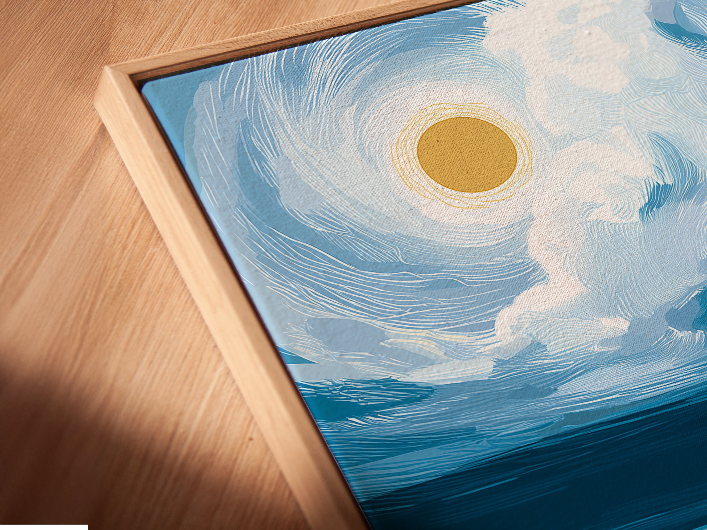 A close-up angled view of a canvas print in a floating frame. This modern framing style gives the Coastal Cowboy Boots artwork a gallery-like appearance. The floating frame enhances the artwork's depth. Ideal for contemporary spaces. View our canvas prints.