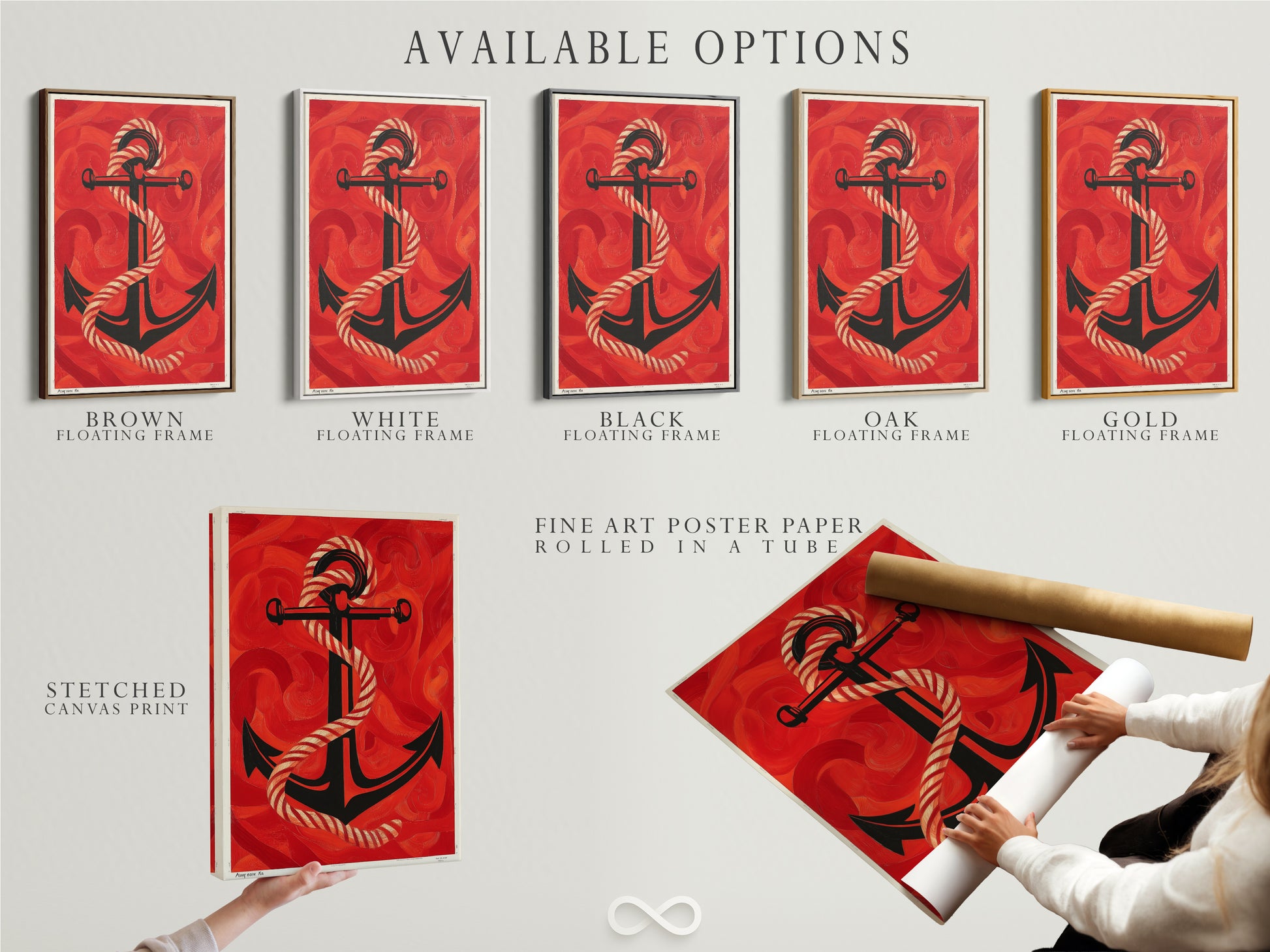 Available options for the Nautical Anchor Art. Choose from a stretched canvas print a fine art poster paper or a floating frame. The red ocean canvas is perfect for maritime decor. A sailor gift that suits any style. The vintage anchor artwork will be a treasure.