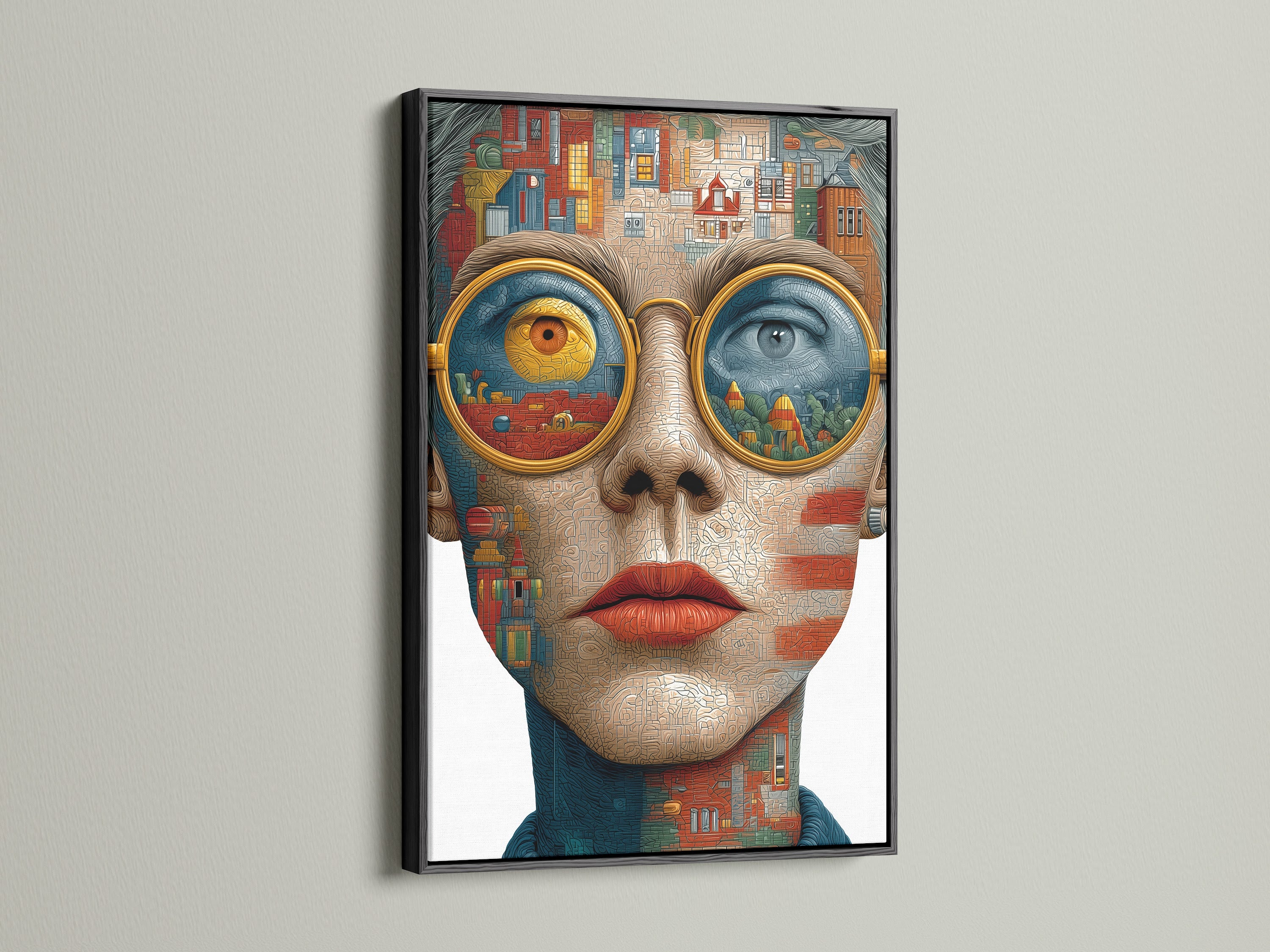 Surreal Portrait Canvas Art with a black frame. This abstract woman face wall art is a contemporary artwork print. It adds a touch of sophistication to any space. The black frame offers a sleek and bold contrast. It makes the artwork stand out.