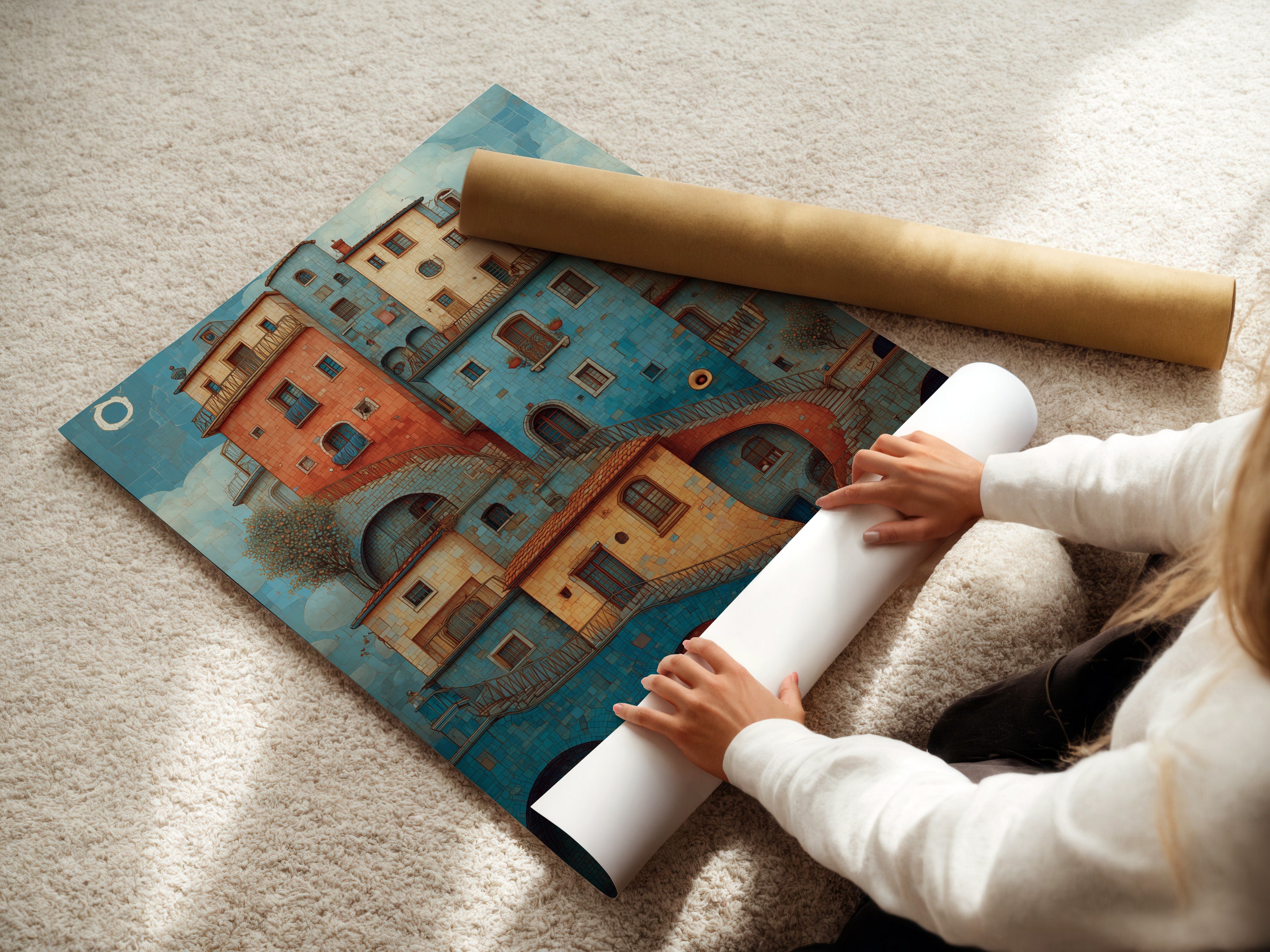 Woman rolling a fine art poster paper. A woman carefully rolls a high-quality fine art poster. The poster paper is smooth and ready for framing. Perfect for preserving and showcasing your favorite artwork. This ensures your art remains in pristine condition.