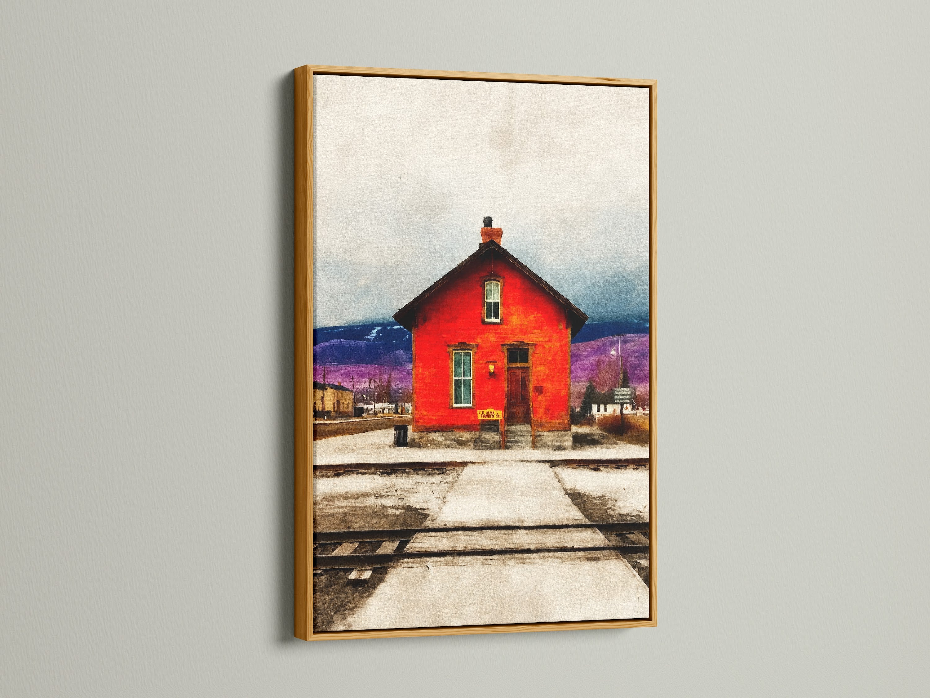 Vintage Americana wall artwork featuring a red train station. The print is displayed in a gold frame. It enhances the rustic farmhouse aesthetic. This artwork brings vintage charm to any space. Perfect for adding a touch of Americana decor to your home or office. It captures the essence of rustic artwork. A perfect piece of Americana for any room.