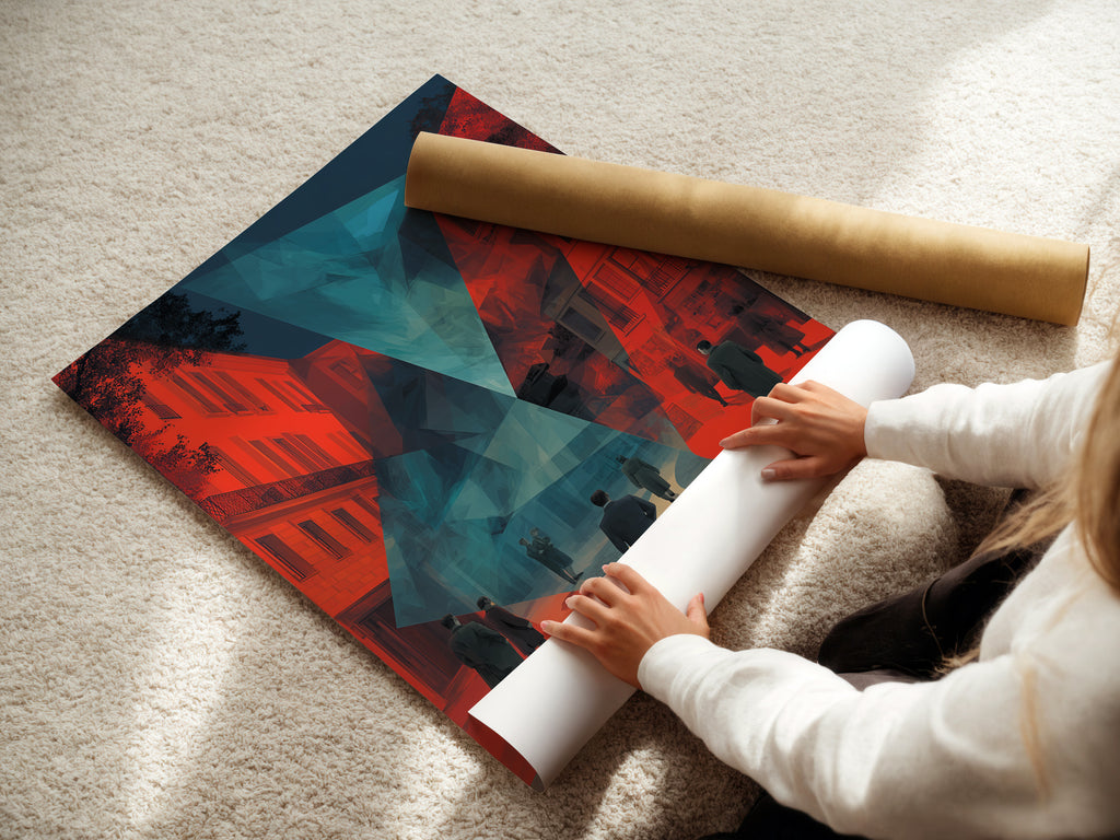 A woman is carefully rolling a fine art poster paper. She is preparing it for framing or display. High-quality poster paper ensures vibrant and lasting artwork. Discover the possibilities of fine art prints. Elevate your art collection with posters.