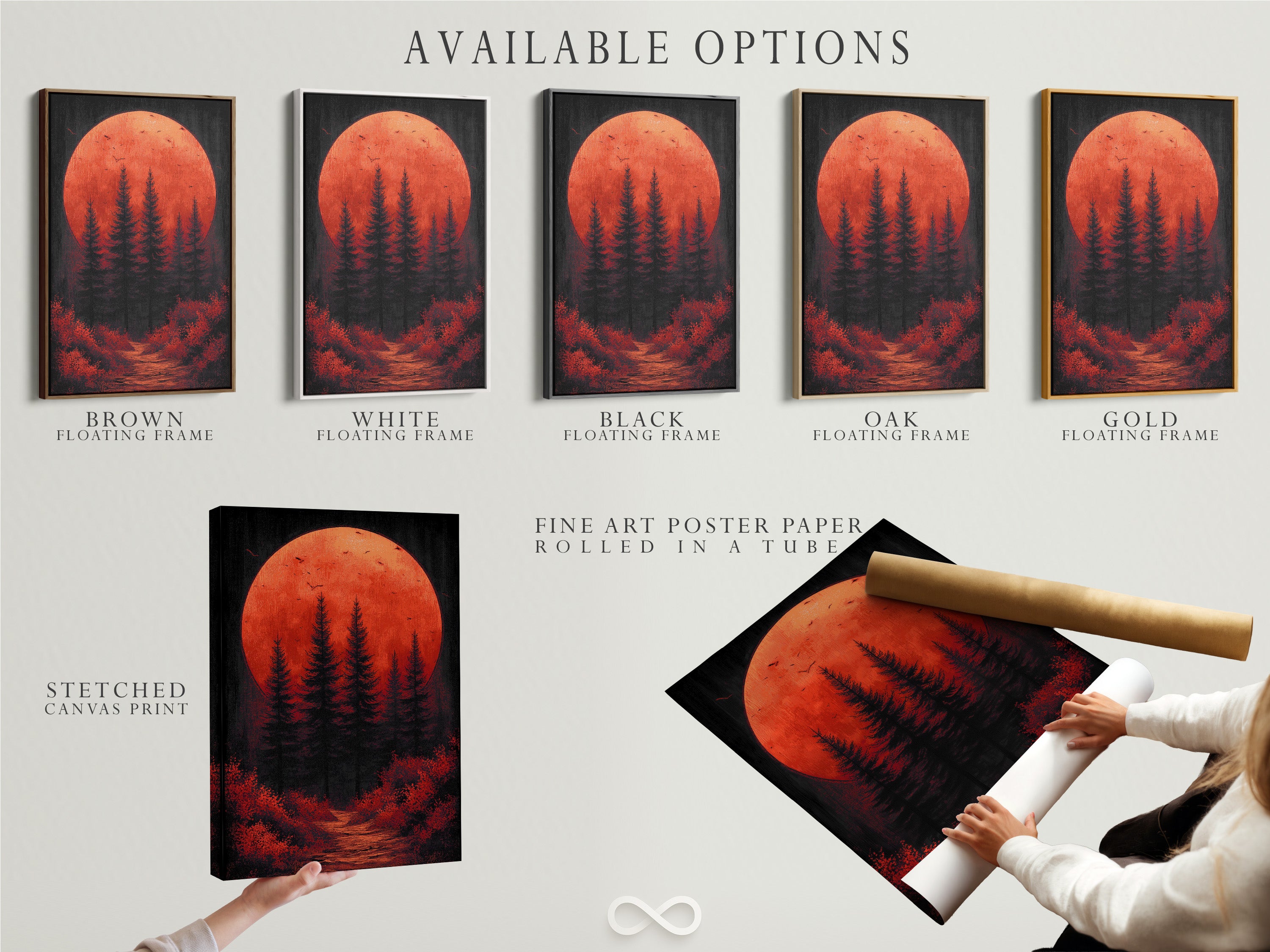 Explore available options including stretched canvas prints fine art poster paper and floating frames. Discover the perfect format for your forest moon art. Customize your red sunset print to match your style. Enhance your bedroom wall art with these versatile choices.