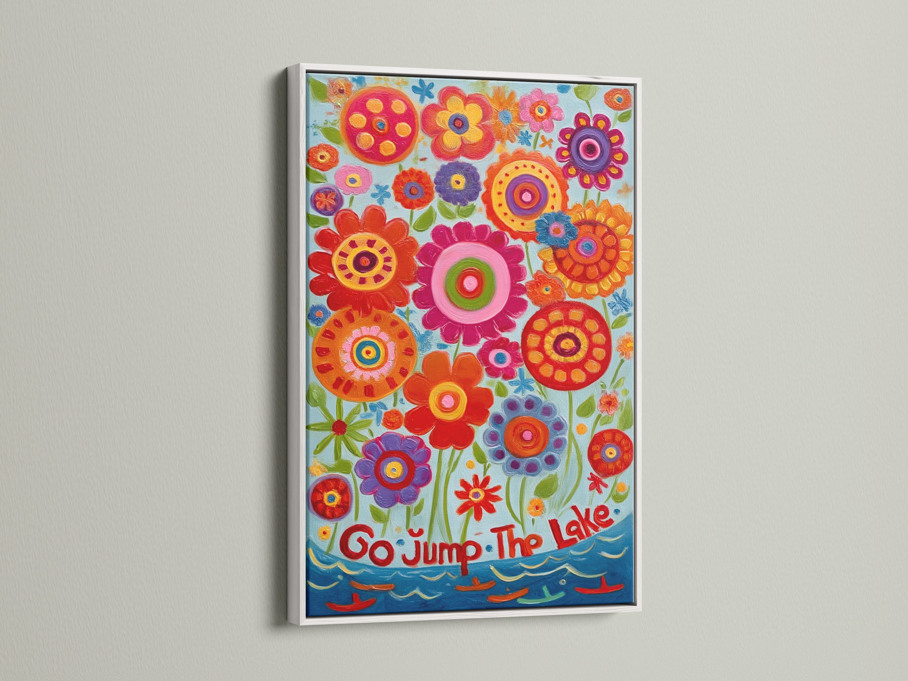 A white frame surrounds a delightful floral canvas. The colorful artwork enhances the bright wall art. This botanical print is a perfect addition to kids' rooms or any space needing a cheerful touch with flower art.