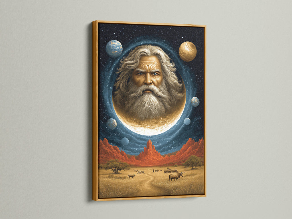 Elevate your space with this cosmic portrait wall art. A celestial man in the moon is framed in gold. This surreal space canvas print adds a mystical touch. The Southwestern style blends beige and blue hues. Perfect for homeowners and spiritual advisors. Ideal for Living Rooms Offices Meditation Rooms studios lobbies and wellness centers.