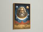 Elevate your space with this cosmic portrait wall art. A celestial man in the moon is framed in gold. This surreal space canvas print adds a mystical touch. The Southwestern style blends beige and blue hues. Perfect for homeowners and spiritual advisors. Ideal for Living Rooms Offices Meditation Rooms studios lobbies and wellness centers.