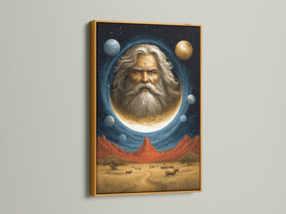 Elevate your space with this cosmic portrait wall art. A celestial man in the moon is framed in gold. This surreal space canvas print adds a mystical touch. The Southwestern style blends beige and blue hues. Perfect for homeowners and spiritual advisors. Ideal for Living Rooms Offices Meditation Rooms studios lobbies and wellness centers.