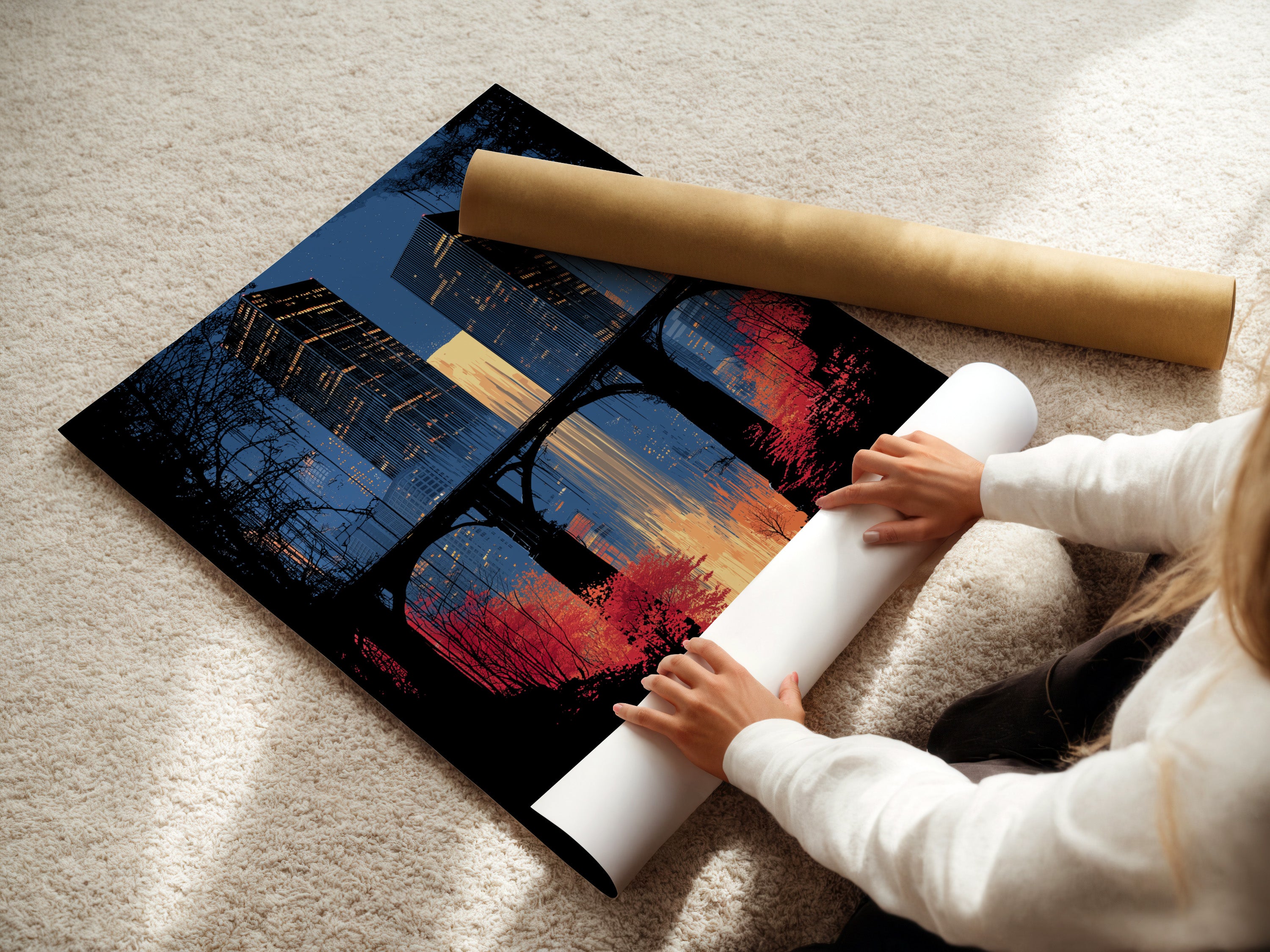 A woman is carefully rolling a fine art poster paper. The paper features a city skyline artwork. The urban wall art is perfect for modern interiors. The poster paper allows for high quality prints. The artwork can be used as office wall art or home decor.
