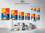 Size comparison chart in an interior setting. See how the surreal portrait canvas print fits in various spaces. The abstract face art with sunset lake reflection enhances any wall.
