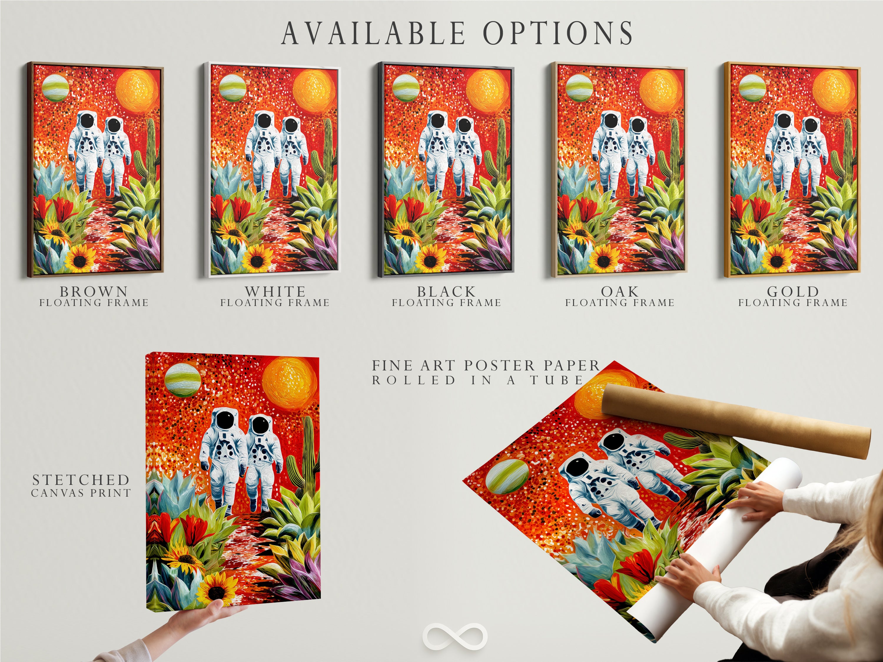 Available options for the Astronauts artwork are displayed. Options include stretched canvas print fine art poster paper and floating frame. Choose the perfect format to suit your style and decor. Elevate your space with this unique artwork.