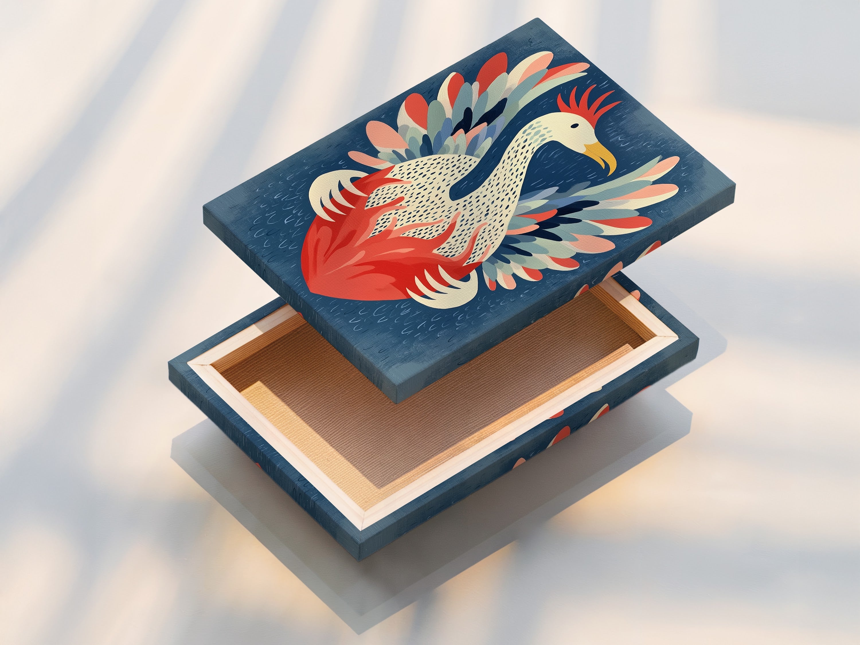 Stretched canvas print of the Phoenix Bird artwork. The canvas print is ready to hang. No frame needed for this colorful artwork. Add a touch of Scandinavian style to your home decor.