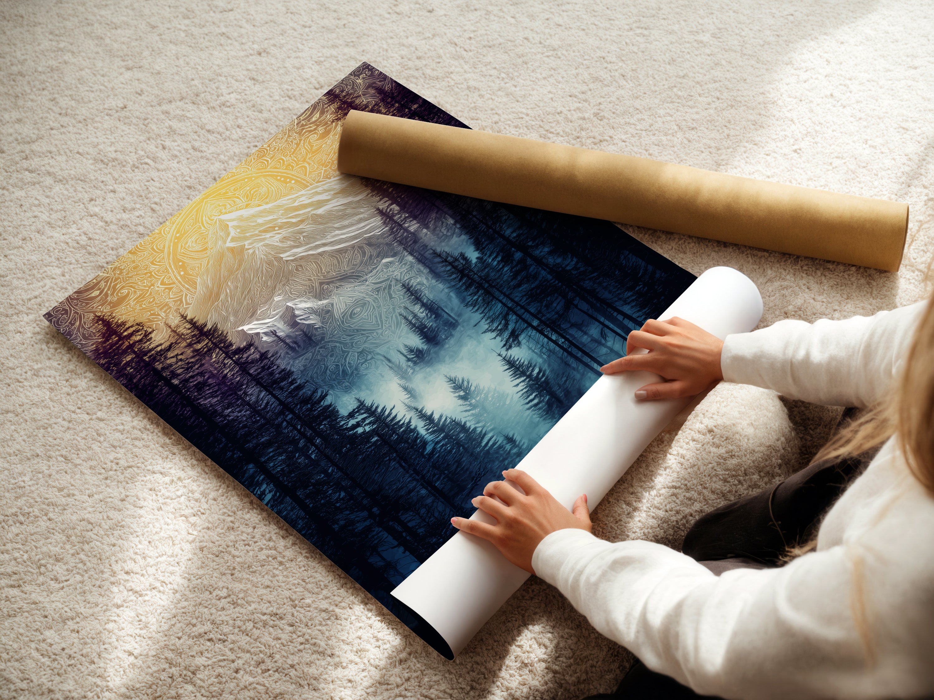 A woman is carefully rolling a fine art poster paper. The paper showcases the Bear Family artwork. This nature landscape print is ready for framing. Perfect for adding woodland decor to your home.