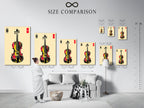 A size comparison chart in an interior setting. It showcases various sizes of abstract musical instrument artwork. It is great for music enthusiasts. This violin art print complements modern styles. Perfect for music rooms band rooms studios and music schools. Find the perfect size for your space.